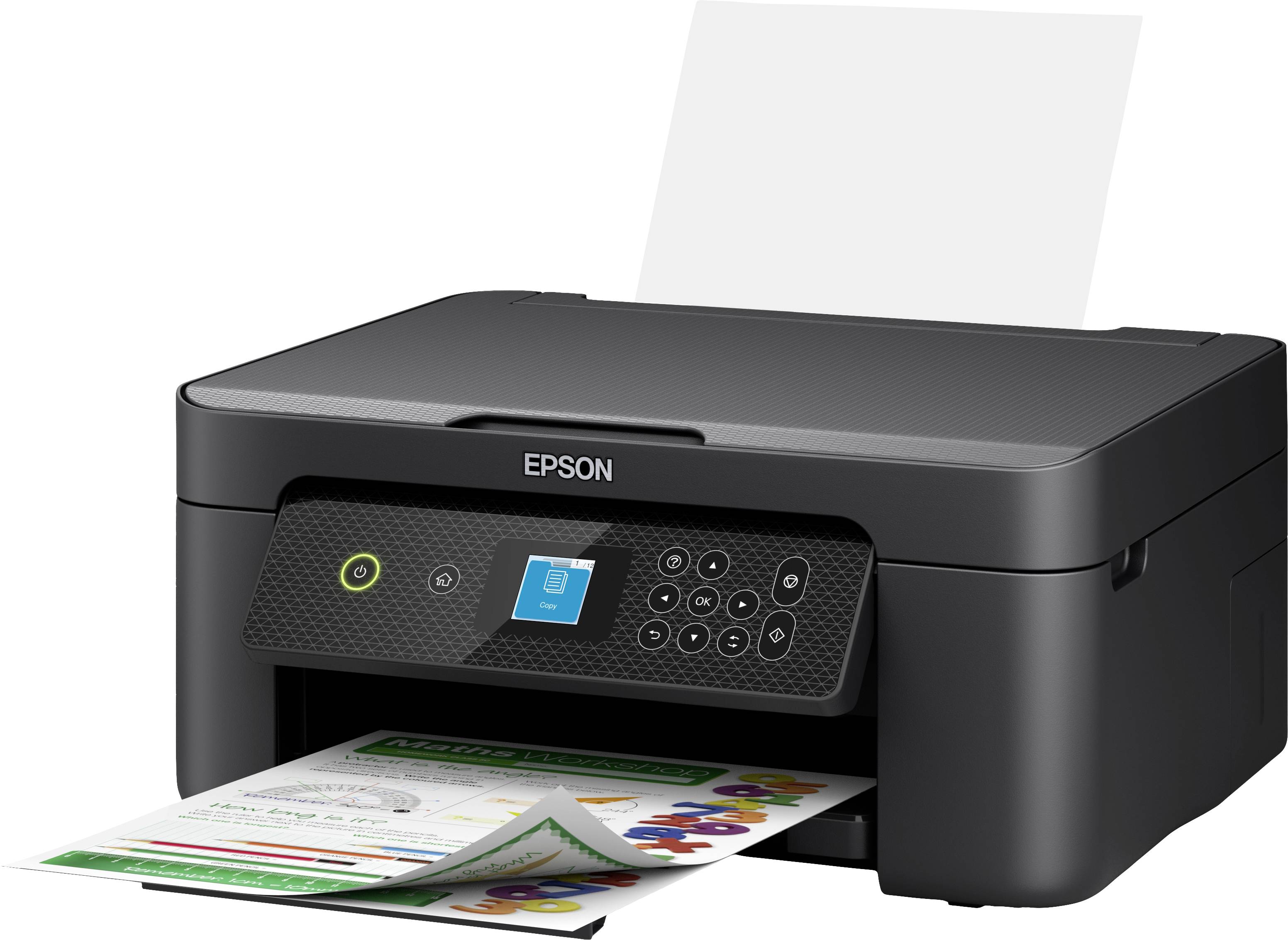 Černá tiskárna, která vytiskla barevný list papíru. Podávání papíru shora, název značky 'Epson' na přední straně.