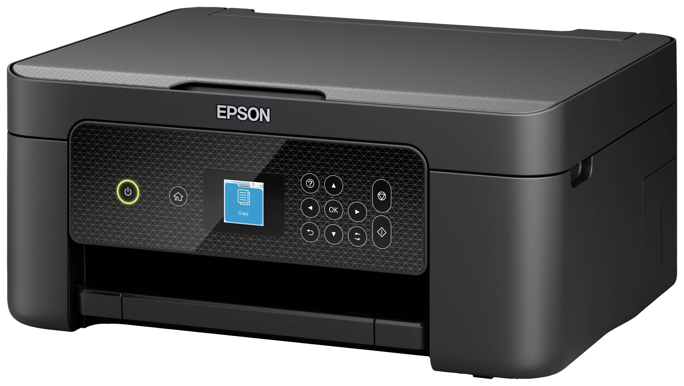 Černá multifunkční tiskárna Epson s ovládacím panelem a displejem. Vhodná pro tisk, skenování a kopírování v kanceláři nebo doma.