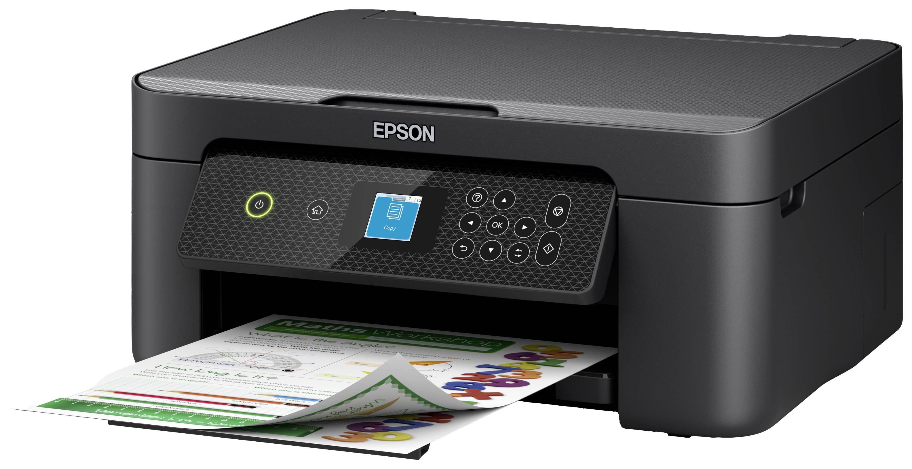 Černá tiskárna s vloženým papírem. Ovládací prvky a malý displej jsou viditelné. Název značky nahoře: 'Epson'.