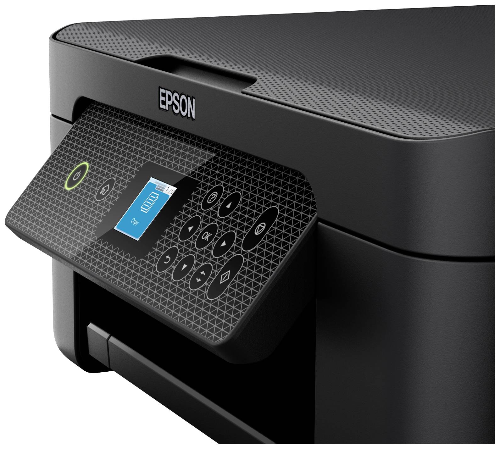 Černá tiskárna s ovládacím panelem po straně a displejem. Na displeji je zobrazena inkoustová kazeta. Značka: Epson.