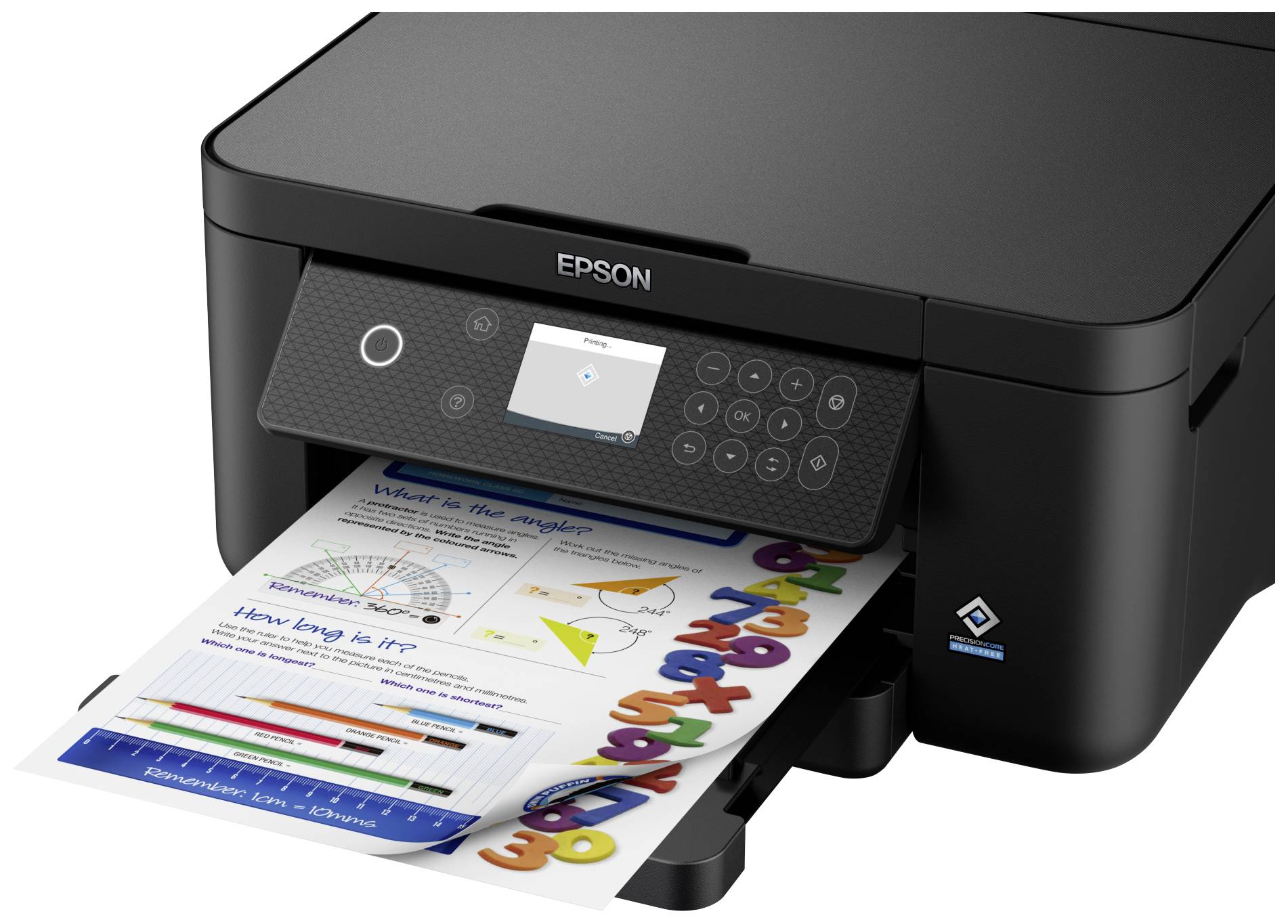 Černá tiskárna tiskne barevný dokument s grafy a čísly, přičemž název značky 'Epson' je dobře viditelný na zařízení.