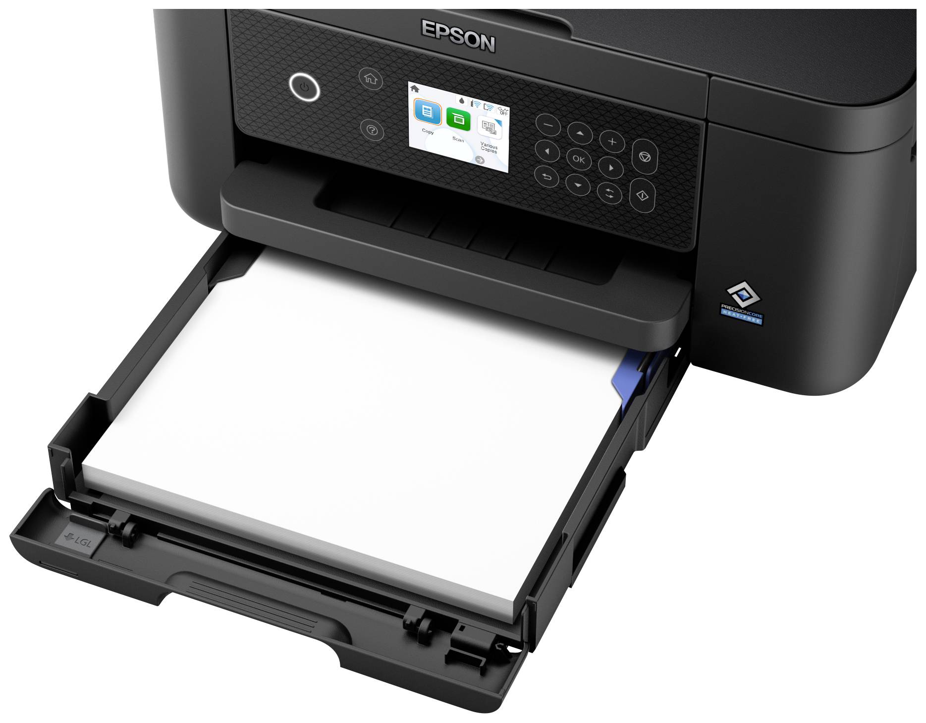 Černá tiskárna Epson s otevřeným podavačem papíru, který obsahuje bílé listy. Na displeji svítí různé symboly.