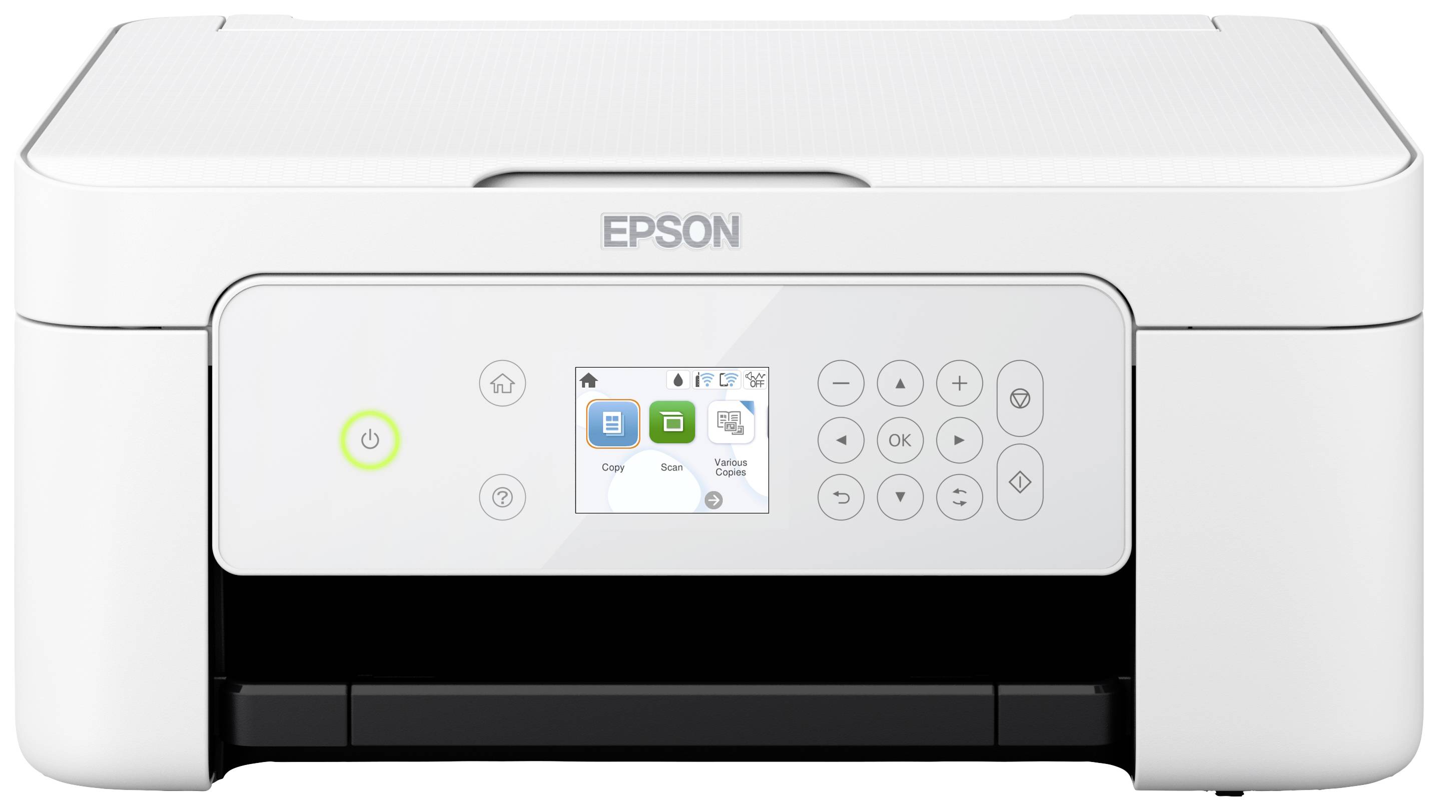 Bílá multifunkční tiskárna s displejem a ovládacím panelem. Nahoře je uvedeno jméno značky 'Epson', vlevo zelené tlačítko zapnutí/vypnutí.