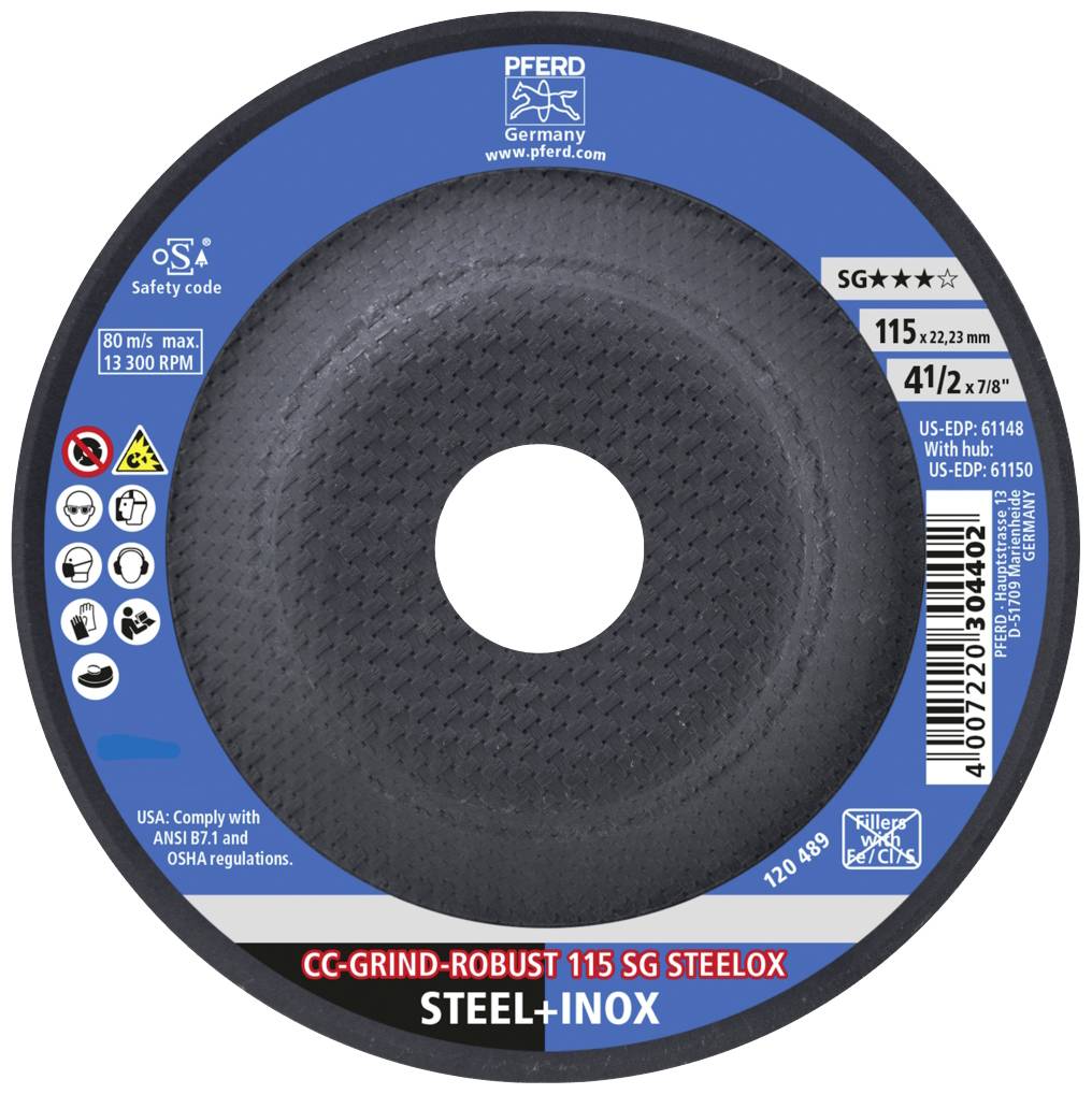 'CC-GRIND-ROBUST 115 SG STEELOX' brusný kotouč od PFERD pro ocel a nerez, průměr 115 mm, bezpečnostní a kompatibilní informace jsou viditelné.