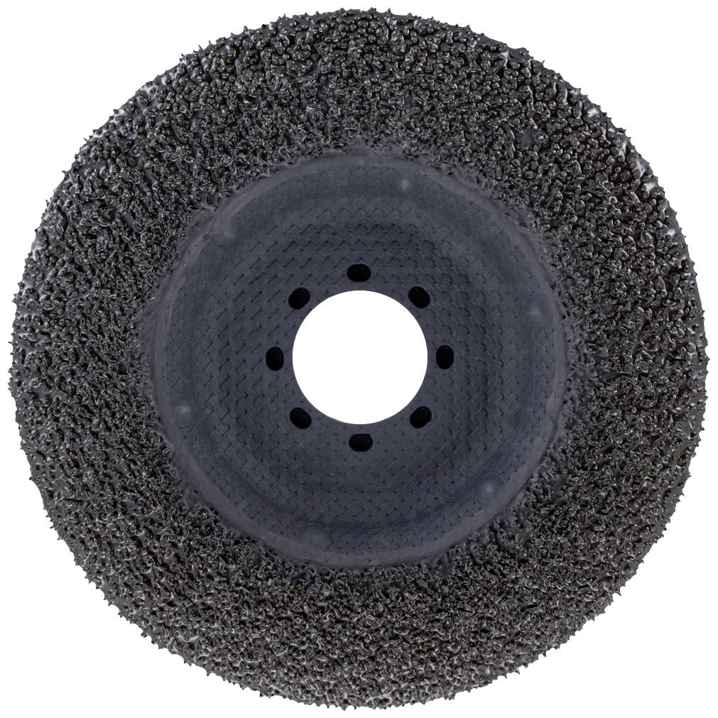 Hrubý brusný talíř se středovým otvorem, používaný pro broušení a odstraňování rzi z povrchů v řemeslných a průmyslových aplikacích.