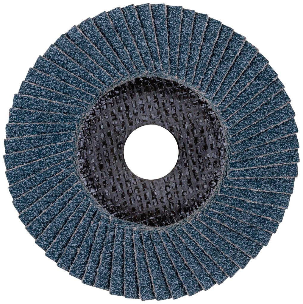 Modrý lamelový brusný kotouč s radiálně uspořádanými brusnými lamelami a centrálním otvorem, používaný k vyhlazování povrchů.