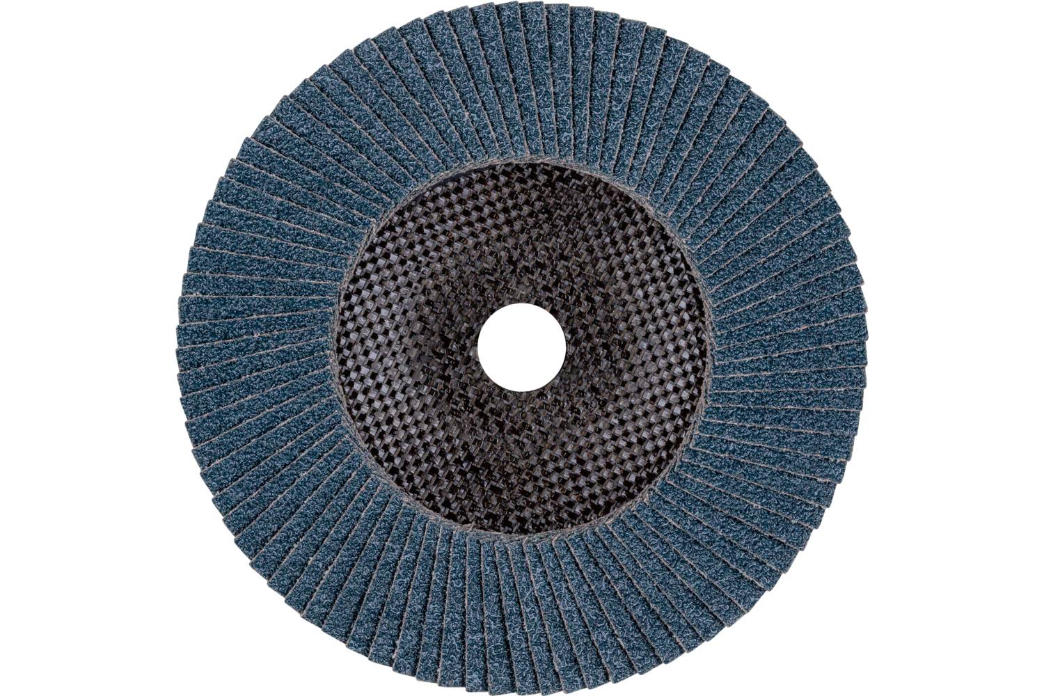 Kulatý lamelový kotouč s modrými lamelami a centrálním otvorem, vhodný pro brousicí práce na různých materiálech.