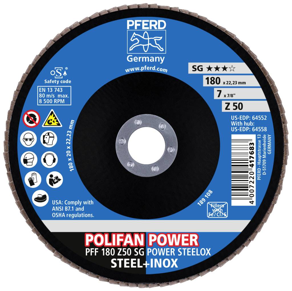 Brusný kotouč PFERD Polifan Power PFF 180 Z50 SG, vhodný pro ocel a nerez, průměr 180 mm, informace o bezpečnosti a normách.