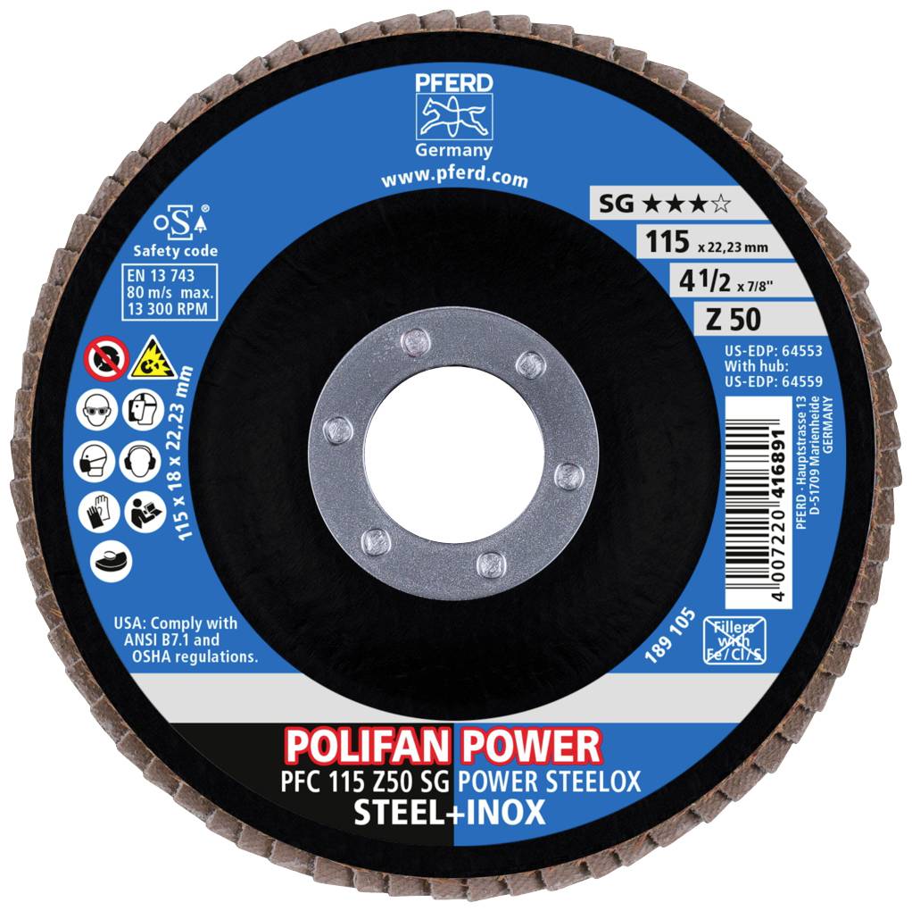 Brusný kotouč značky 'Pferd', průměr 115 mm, vhodný pro ocel a nerezovou ocel. Obsažené normy a bezpečnostní údaje.