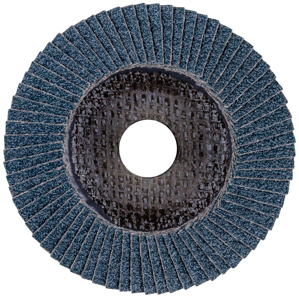 Brusný kotouč s modrými překrývajícími se brusnými listy a centrálním otvorem, používaný pro obrábění kovů.