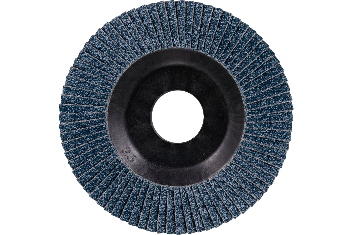 Kulatý brusný nástavec s modrými brusnými lamelami a černou střední částí. Používá se k vyhlazování povrchů.