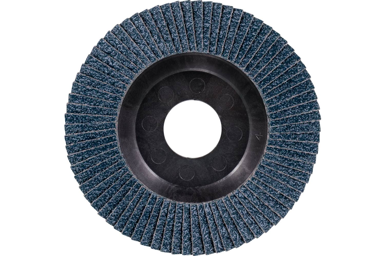 Kulatý brusný kotouč s tmavě modrými brousícími lamelami a černým plastovým jádrem, pohled shora.