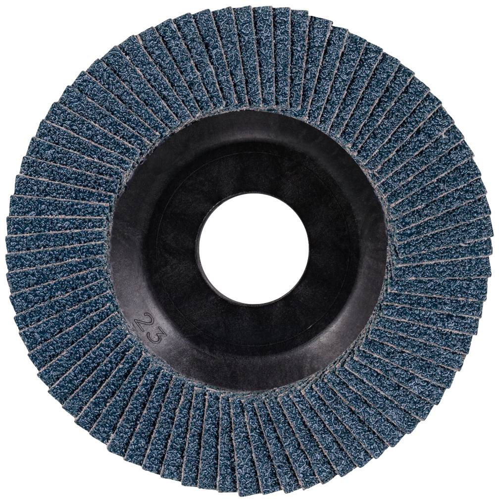 Brusný kotouč s kruhovým uspořádáním modrých lamel kolem centrálního otvoru; používaný pro broušení kovových povrchů.