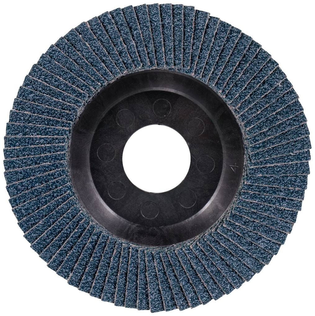 Brusný kotouč v kulatém tvaru, tmavě modrý s koncentricky uspořádanými lamelami, umístěný na černé základně kotouče.