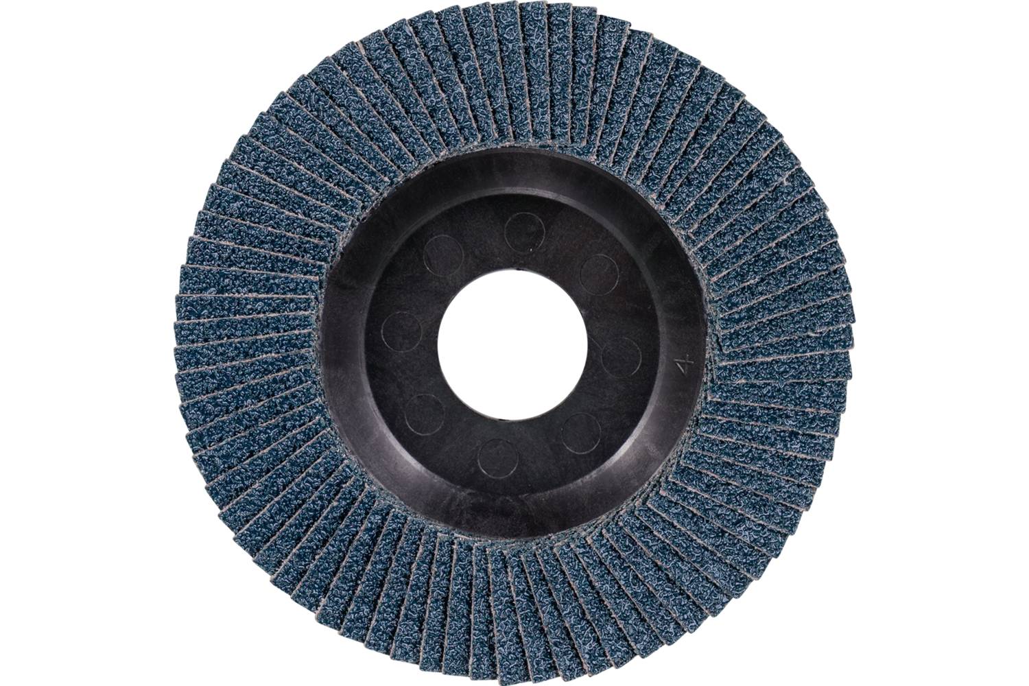 Brusný kotouč s modrými lamelami, uspořádanými v kruhovém tvaru. Centrální otvor pro upevnění. Nástroj pro povrchovou úpravu.