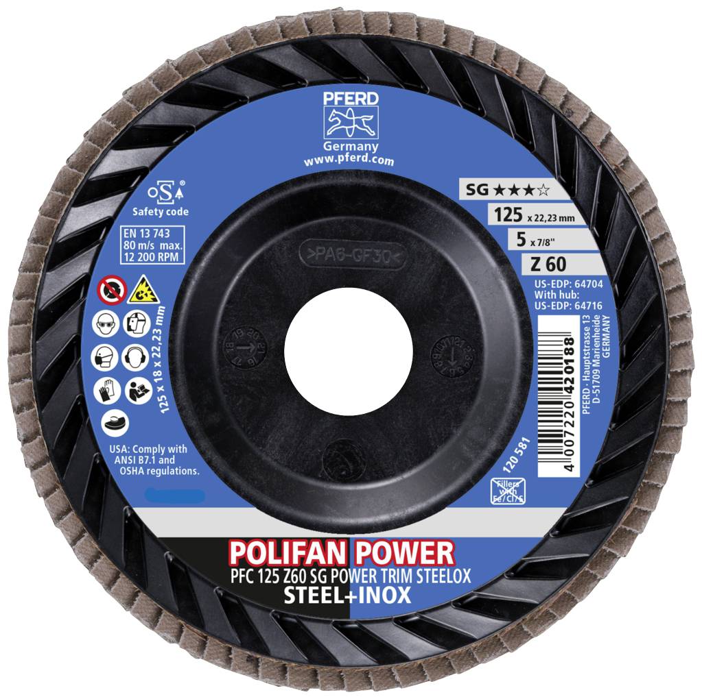 'Brusný kotouč od PFERD Germany, model POLIFAN POWER, průměr 125 mm, pro ocel a nerezovou ocel. SG Zirkon-zrno 60, max. 12.200 ot/min.'