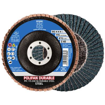 Brusný kotouč 'PFERD Polifan Durable' na ocel, průměr 115 mm, zrnitost Z 40, vhodný s bezpečnostním kódem a pokyny k použití.