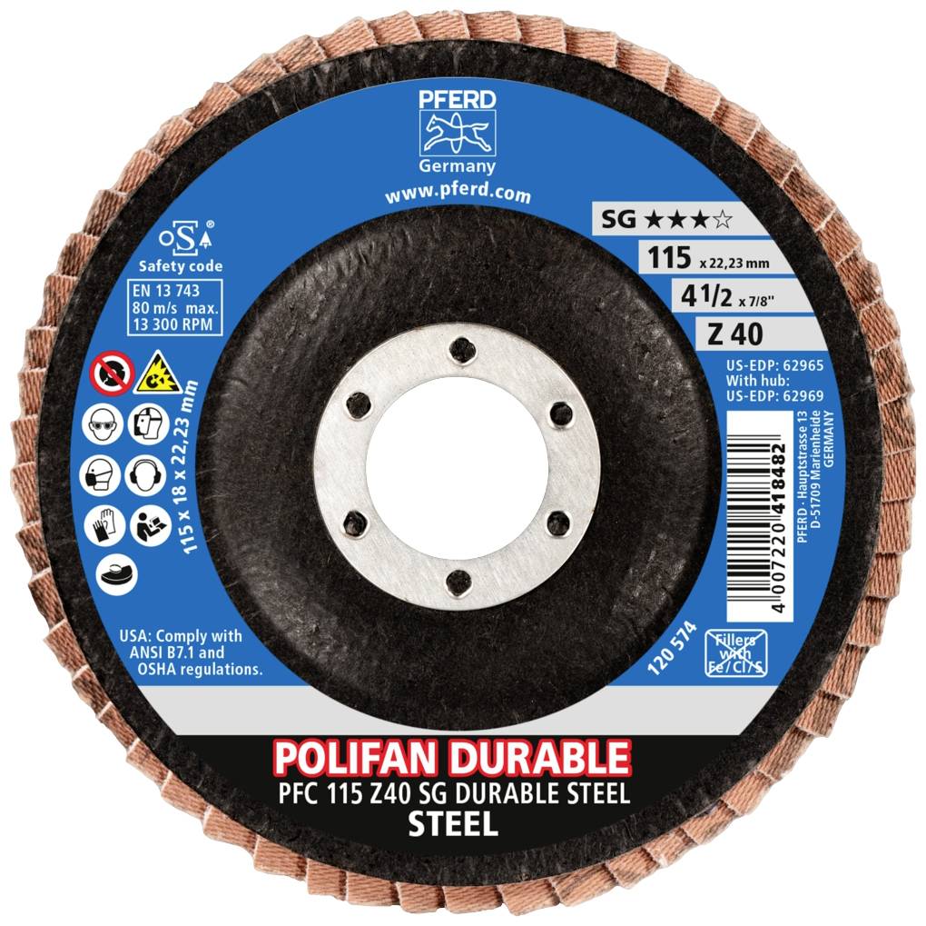 'POLIFAN DURABLE PFC 115 Z40 SG' řezný kotouč od PFERD, vhodný pro ocel, průměr 115 mm, otáčky 13 300 za minutu.