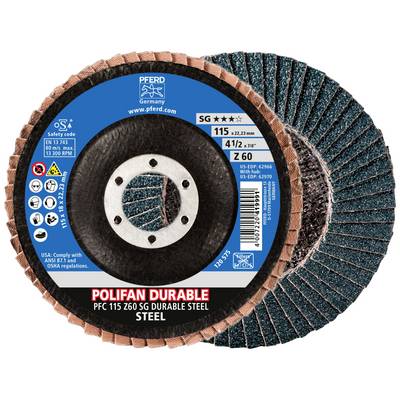Brusný kotouč 'PFERD Polifan Durable PFC 115 Z60 SG' pro ocel, průměr 115 mm, s bezpečnostními, normativními a aplikačními pokyny.