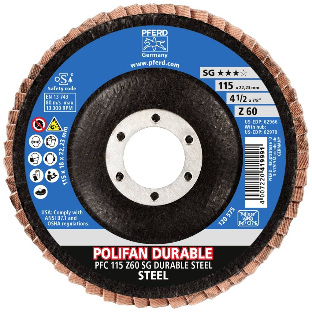 Brusný kotouč s nápisem 'Polifan Durable'; rozměr 115 x 22,23 mm, max. 13 300 ot./min. Vhodný pro obrábění oceli.