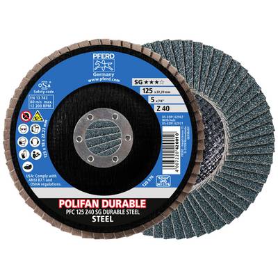 'POLIFAN DURABLE' brusný kotouč na ocel o průměru 125 mm a otvorem 22,23 mm. Vhodnost: SG, Z40, 5°. Značka: PFERD.