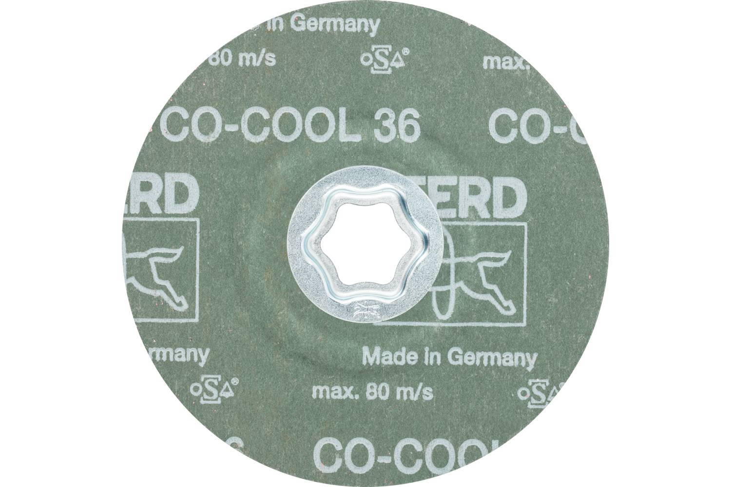 Brusný kotouč s nápisem 'CO-COOL 36' a 'Made in Germany', maximální rychlost 80 m/s. Vyroben společností Pferd, zelený povrch.