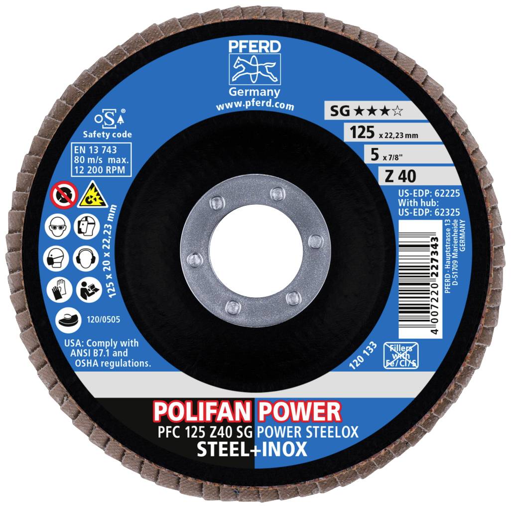 Brusná kotouč od firmy Pferd pro ocel a nerez, model Polifan Power, SG 125 x 22,23 mm, s maximální rychlostí 120 m/s.