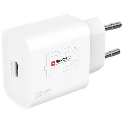 Bílá USB nabíječka s potiskem 'SKROSS 30W PD' a evropskou zástrčkou.