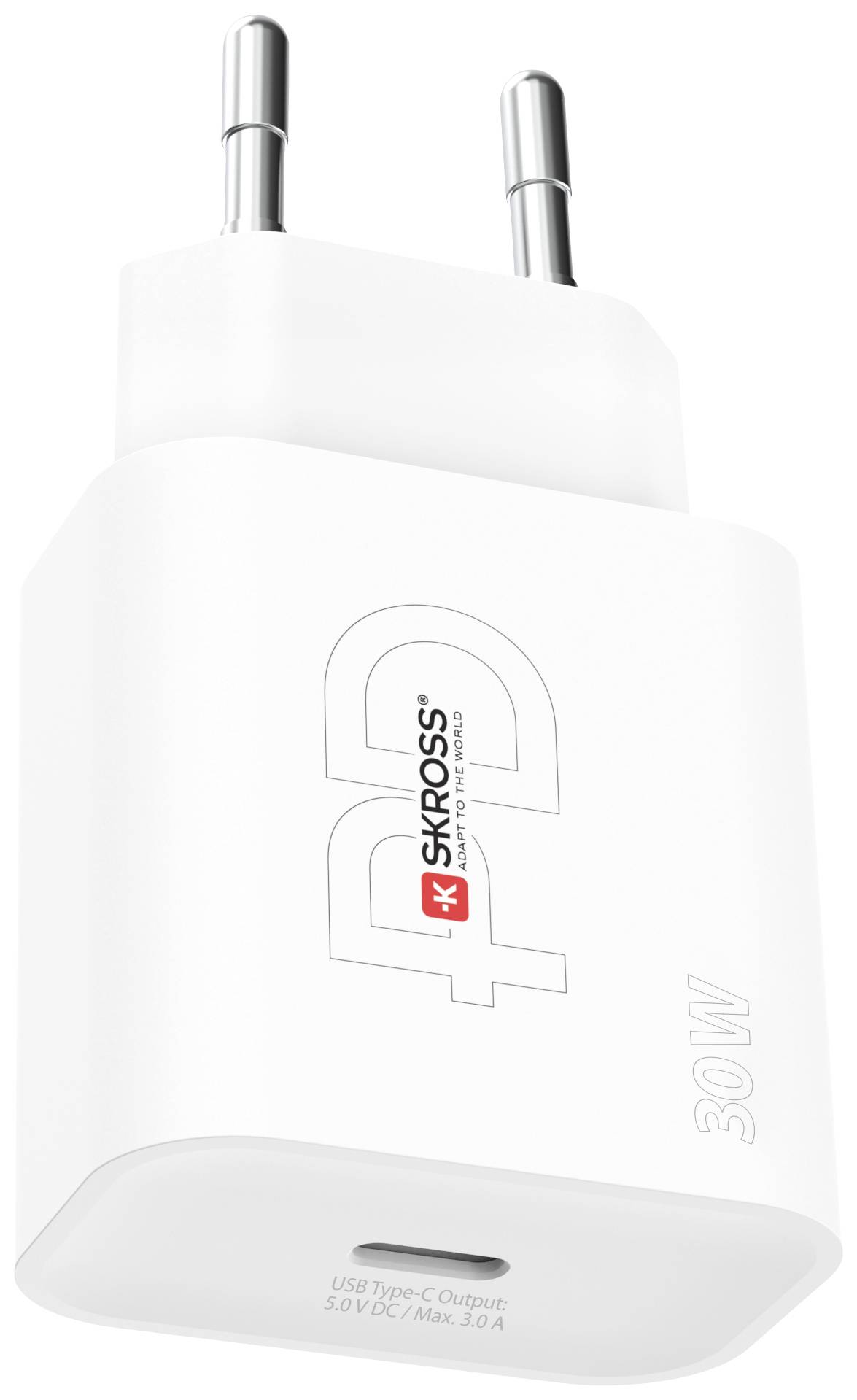 Bílá USB nabíječka se dvěma elektrickými kontakty, označená štítkem 'SKROSS' a 'PD 30W' na přední straně.