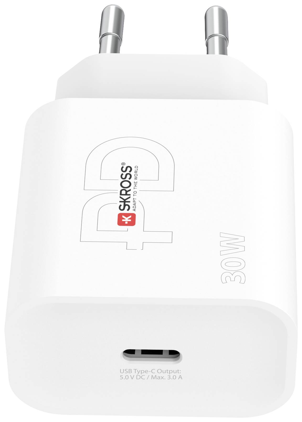 Bílá síťová nabíječka s USB-C portem a logem 'SKROSS', vhodná pro výstupní výkon 30W při 5,0V DC / max. 3,0A.