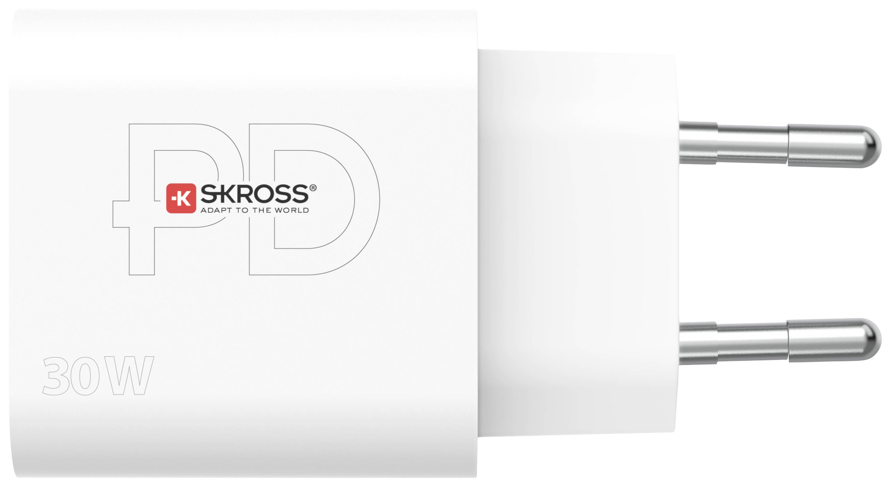 Bílá 30W nabíječka se dvěma kulatými konektory od výrobce 'SKROSS'. Je viditelný text 'PD' a 'ADAPT TO THE WORLD'.