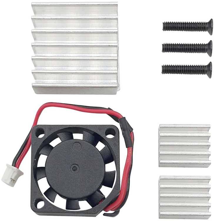 Sada chladiče: Obsahuje malý ventilátor, dva chladiče různých velikostí a tři šrouby. Ideální pro chlazení elektroniky.