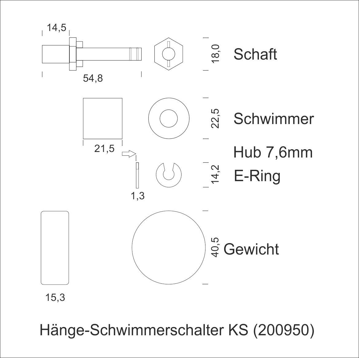 Diagram ukazuje díly závěsného plovákového spínače KS (200950): hřídel, plovák, zdvih 7,6 mm, pojistný kroužek a závaží.
