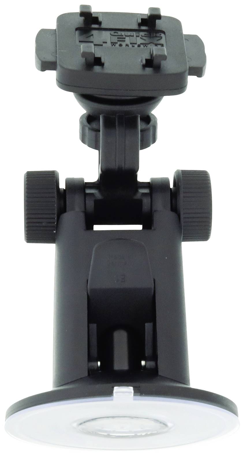 Černý, nastavitelný držák zařízení s přísavkou, vhodný pro upevnění v automobilu nebo na hladkých površích.