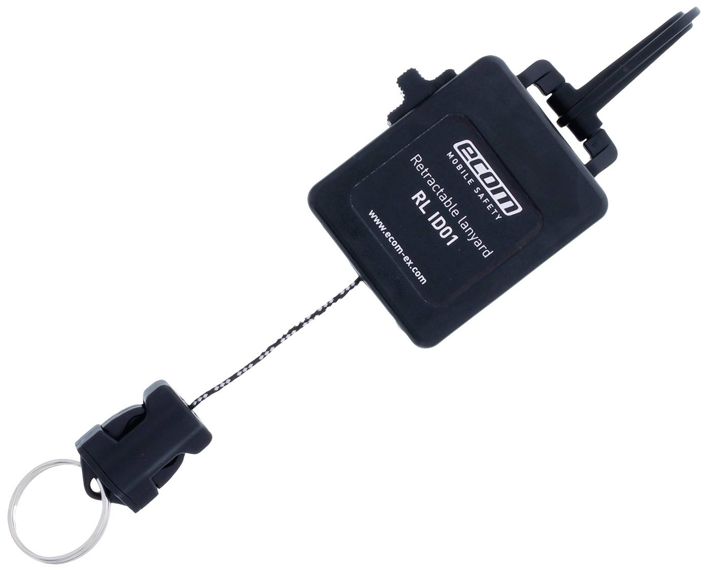 Černý zatažitelný přívěsek na klíče se šňůrkou a kroužkem na klíče. Označený štítkem 'ecom Retractable Lanyard RL ID 01'.