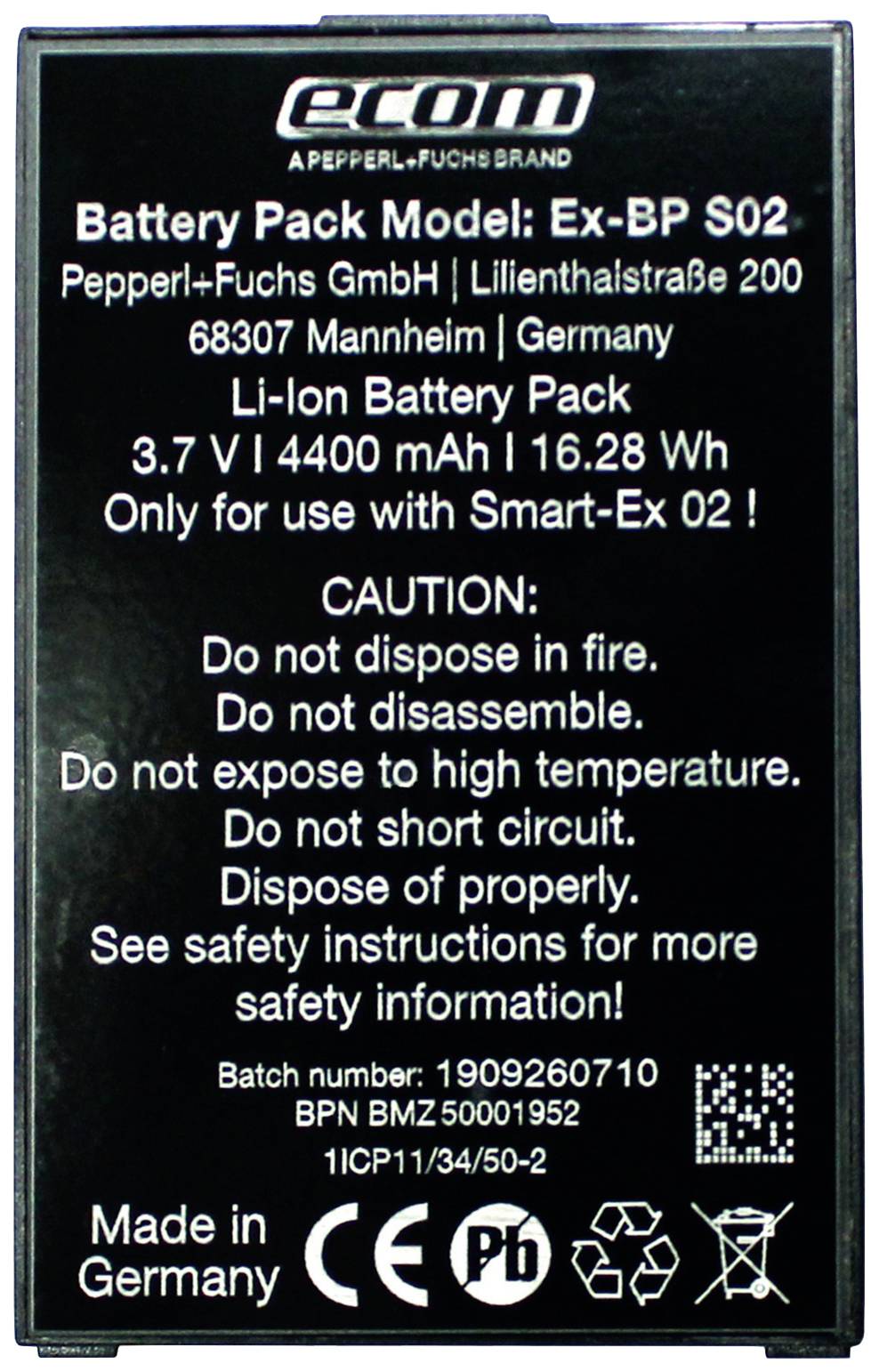 Bateriový pack Model 'Ex-BP S02' od Pepperl+Fuchs. 3,7 V, 1400 mAh. Nerozebírat, nespalovat, nezakracovat. Určeno pouze pro Smart-Ex 02.