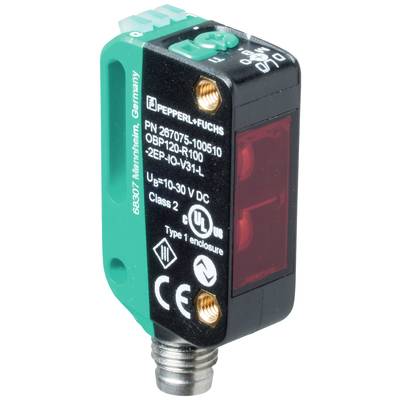 Obdélníkový optický senzor od Pepperl+Fuchs s čísly produktu a bezpečnostními štítky. Typ: OBP120-R100, napětí: 10-30V DC.