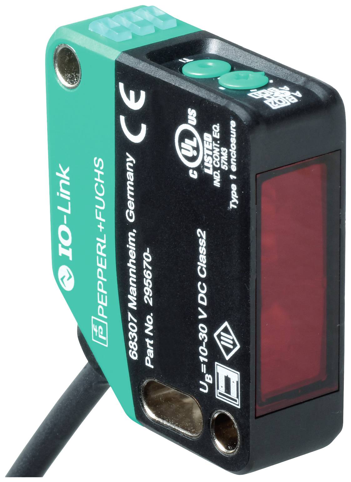 Obdélníkový zeleno-černý snímač od společnosti Pepperl+Fuchs s technologií IO-Link, model č. 295670, určený pro průmyslové aplikace.