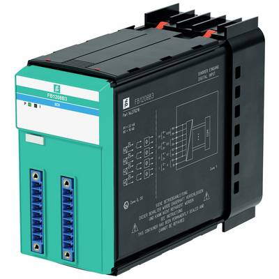 Průmyslový elektronický modul s řadou konektorů a přepínačů na přední straně. Podporuje digitální rozhraní.