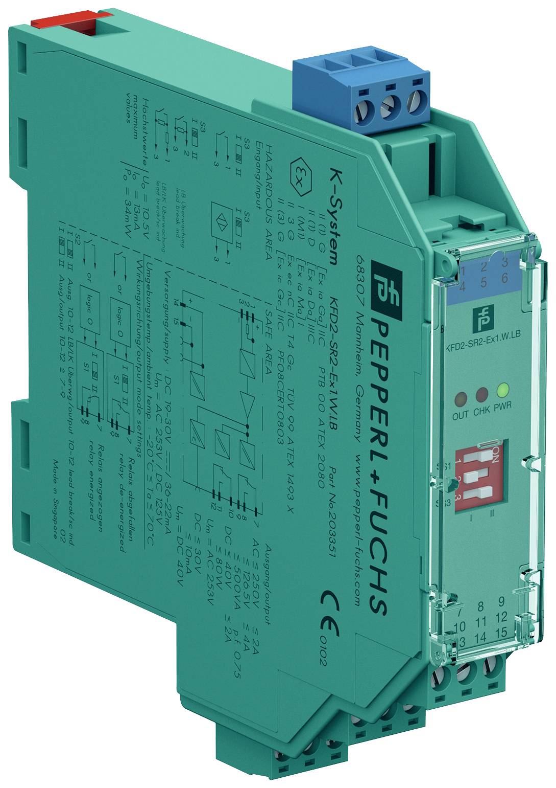 Zelený elektrický modul s několika připojovacími body a technickým popiskem, používaný pro průmyslovou automatizaci a řízení.