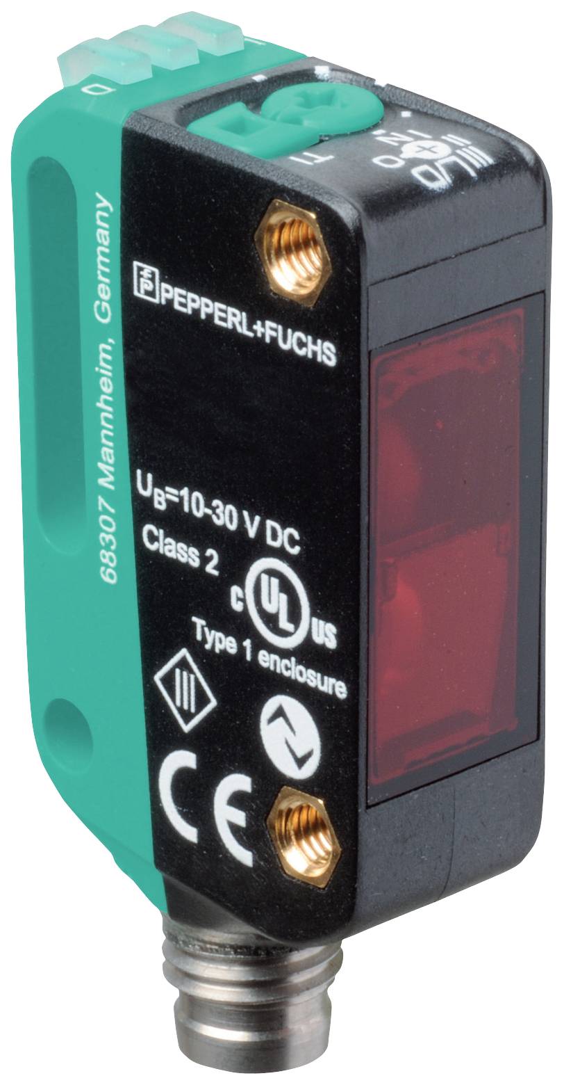 Optoelektronický senzor od Pepperl+Fuchs s vytištěným číslem modelu, logy ochranných krytí a technickou specifikací.