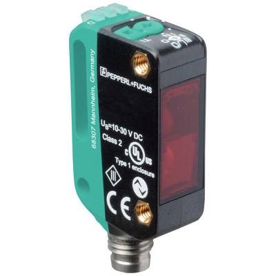Optoelektronický senzor od Pepperl+Fuchs s vytištěným číslem modelu, logy ochranných krytí a technickou specifikací.