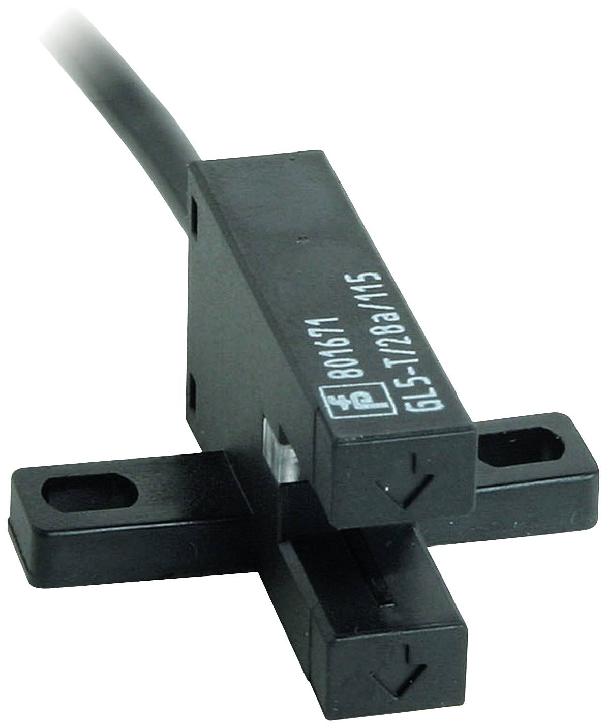 Černý optický senzor s kabelem a modelovým číslem 'GL5-1028A' na povrchu; používá se k detekci objektů.