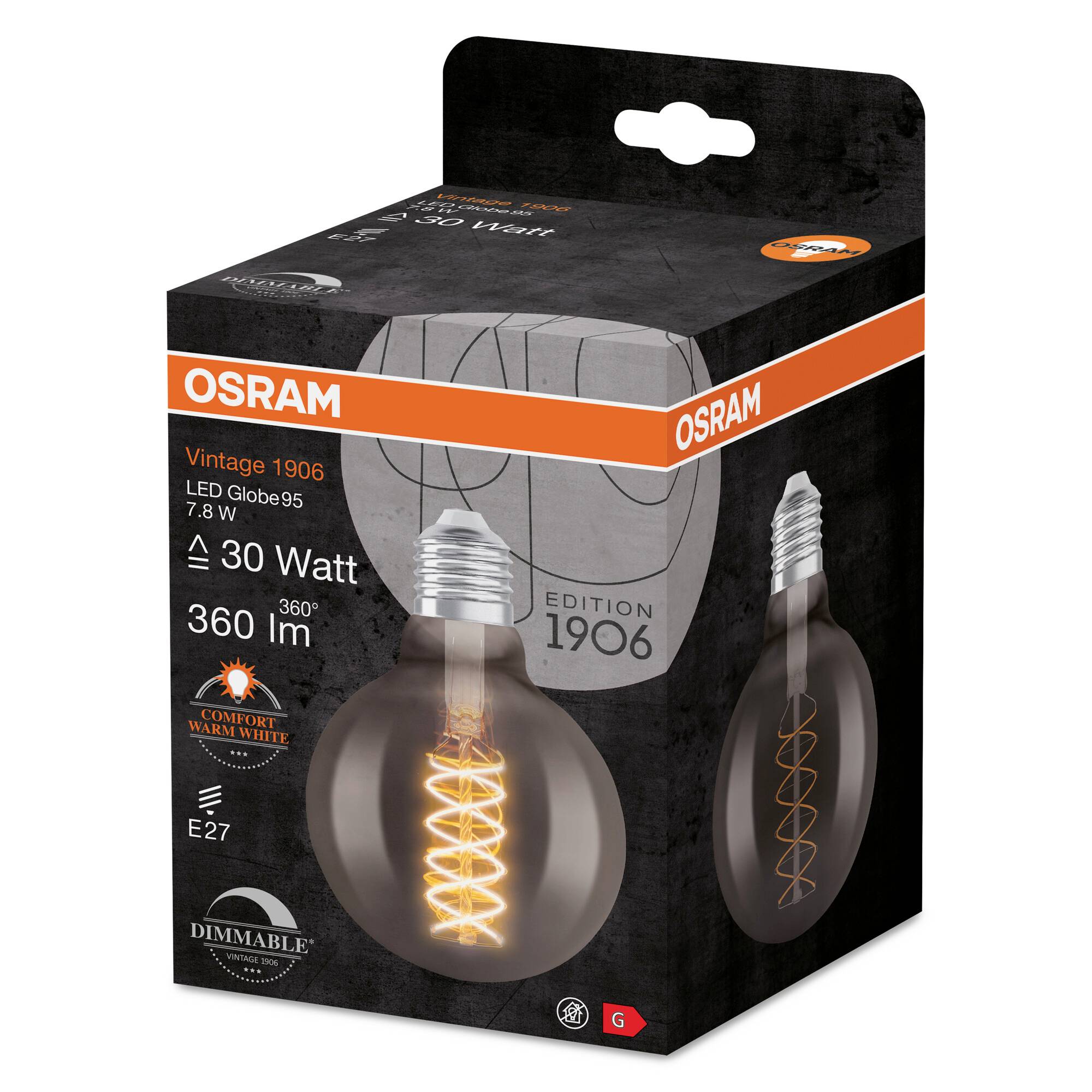 Krabička od LED žárovky Osram Vintage 1906. Etiketa uvádí: '30 wattů', '360 lm', 'E27', 'stmívatelná'. Černá s oranžovými akcenty.
