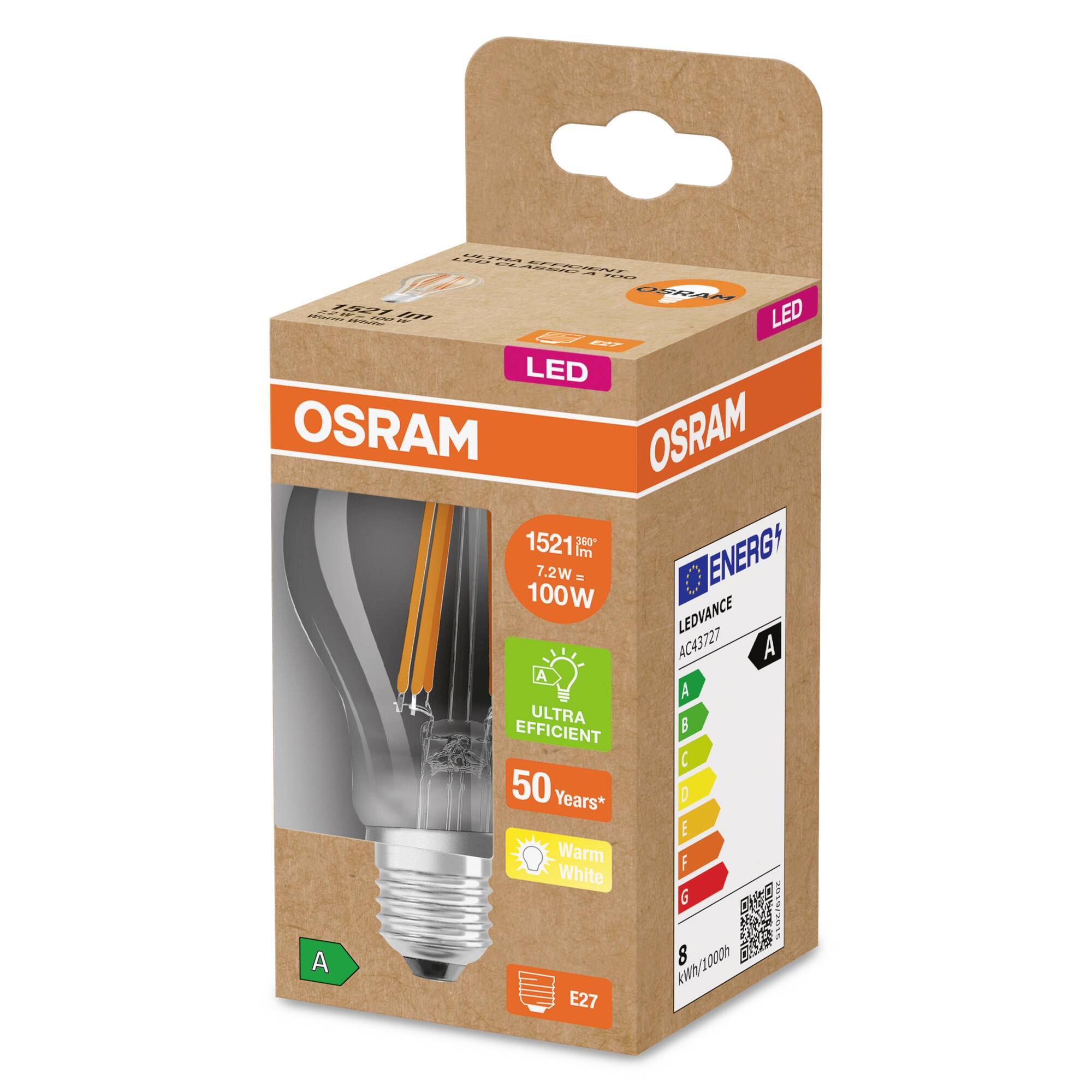 Žárovka značky OSRAM, LED, 72W odpovídá 100W, energetická třída A, světelný tok 1521 lm, teplé bílé světlo, životnost 50 let.
