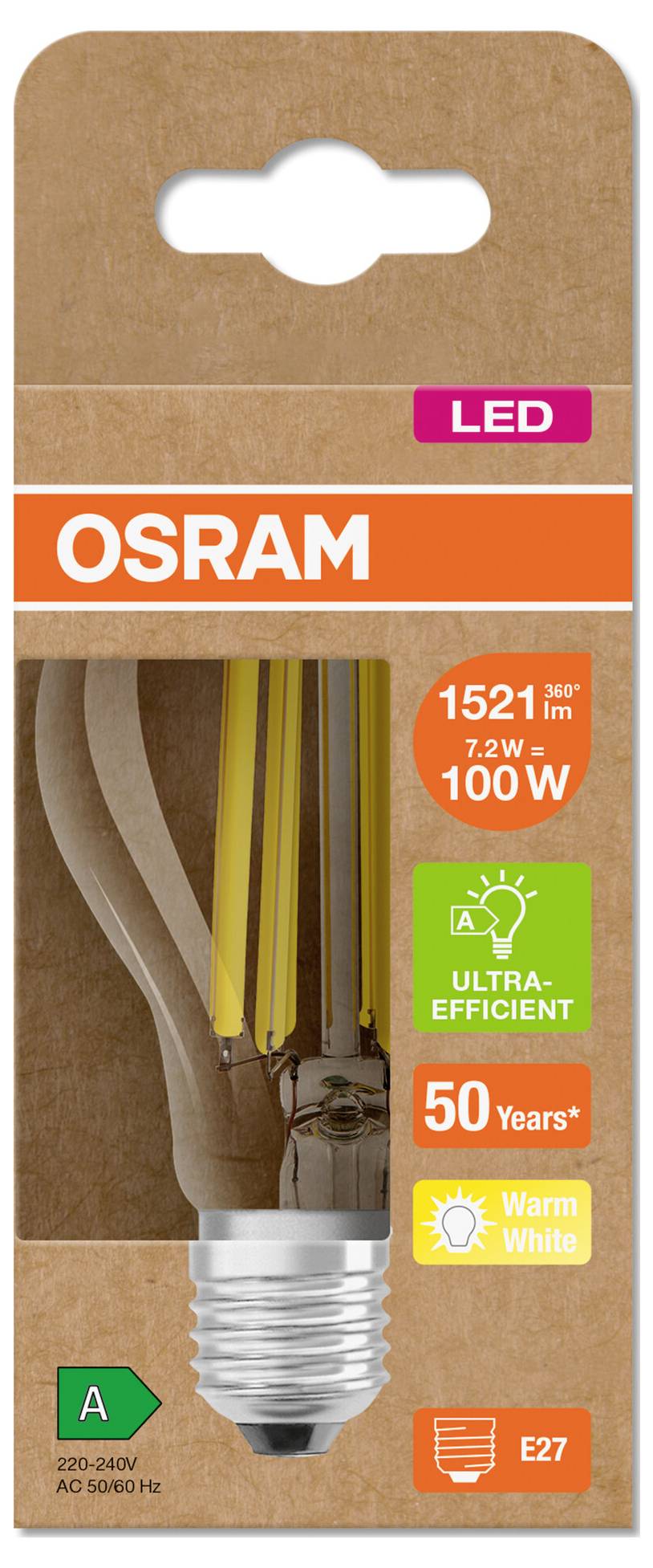 Balení OSRAM LED žárovky, zobrazující ekvivalent 100W, 7,2W, 1521 lumenů, teplá bílá, patice E27 a energetická třída A.