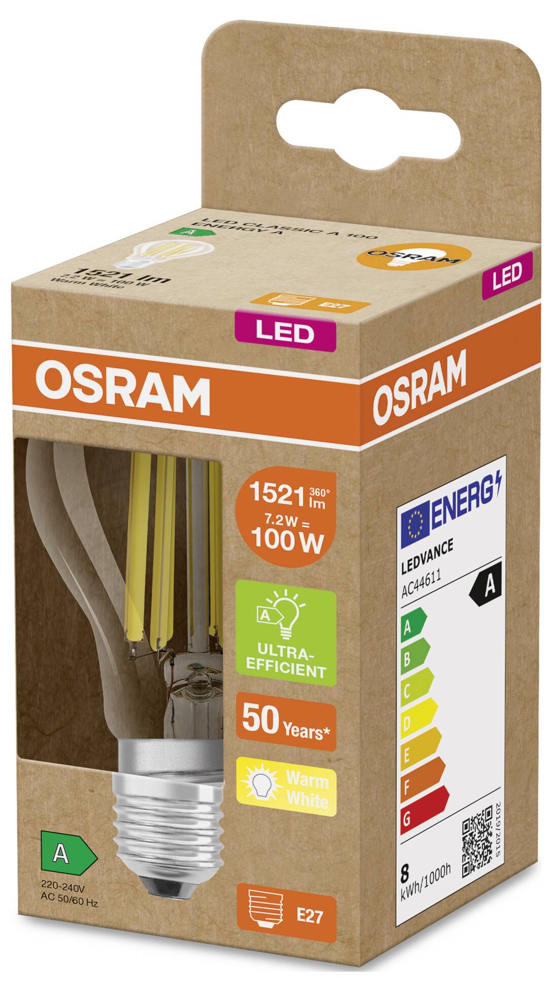 OSRAM LED vláknitá žárovka v maloobchodním balení, označena 7,2W, ekvivalent 100W, teplá bílá, E27, energetická třída A, 1521 lm.