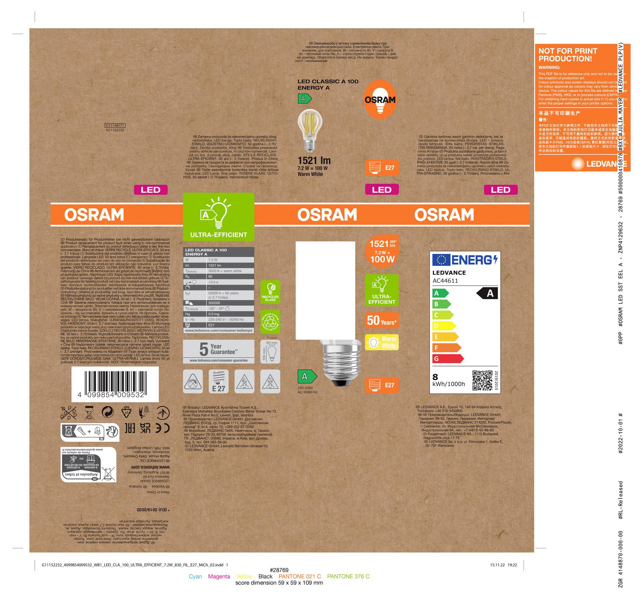 OSRAM LED žárovka na balení z hnědého kartónu, zobrazující obrázek žárovky, výstup 1521 lm, patice E27 a štítek energetické účinnosti.