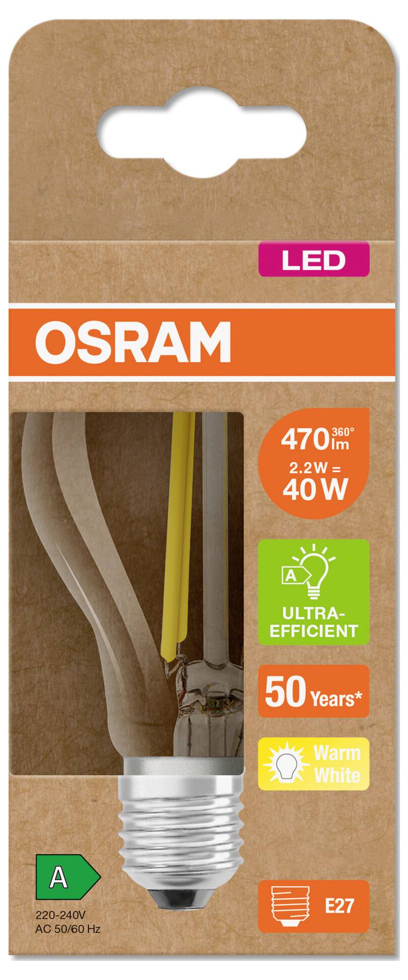 Balení LED žárovky OSRAM zobrazující ultra účinnou teplou bílou žárovku E27, 2,2W, 470 lm, ekvivalent 40W, energetická třída A, 50 let.