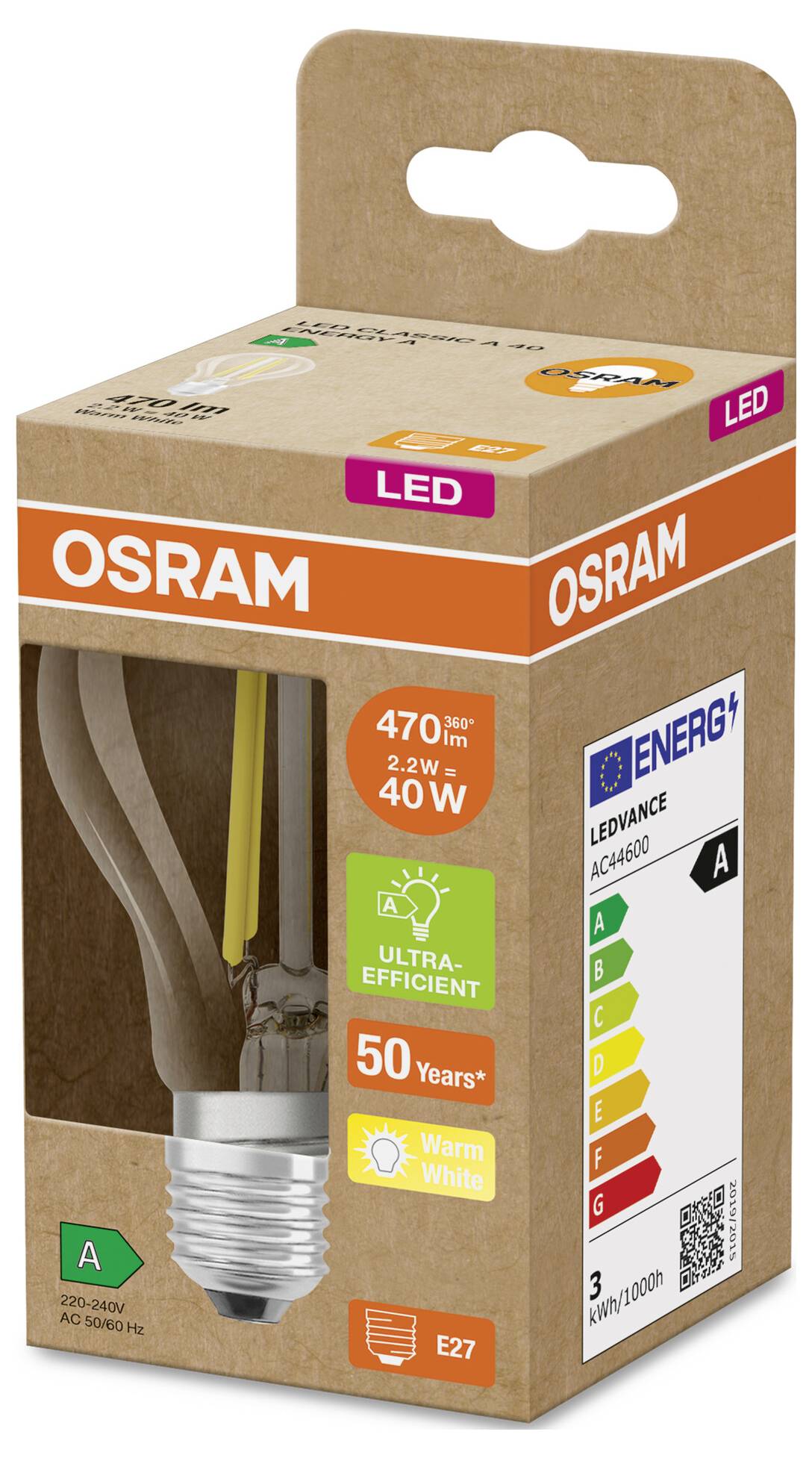 Balení LED žárovky OSRAM zobrazující žárovku skrze okno na krabici a štítky uvádějící 470 lumenů, 4,0W, teplá bílá, E27, energetická třída A.